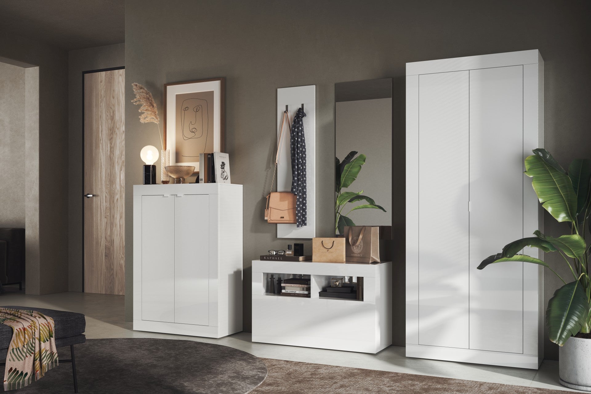 Bari -  Armoire de couloir  2 Portes coloris Laqué Blanc Brillant - Tringle à vetement + 2 étagères . L78 x H 186 cm