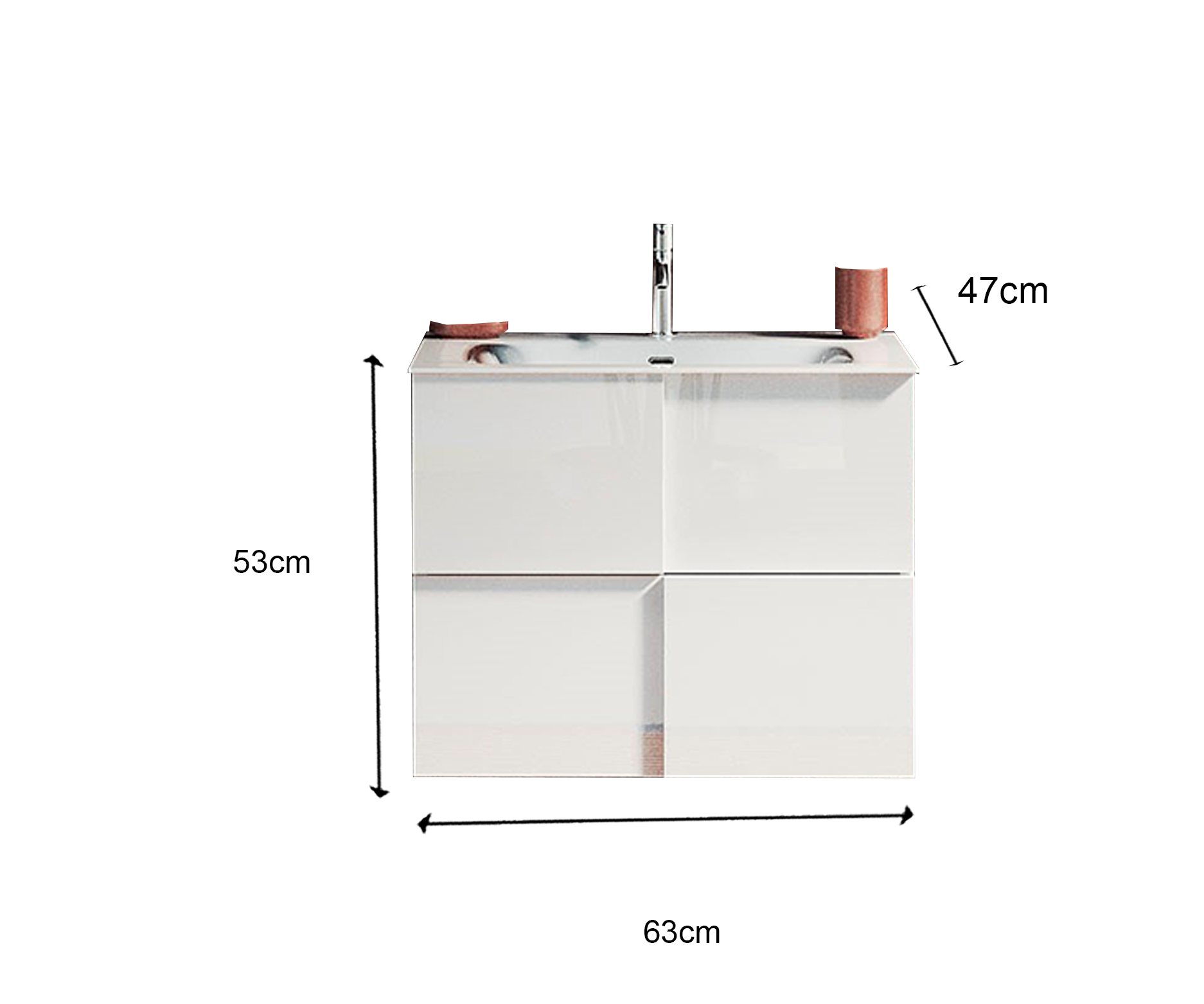 Damiano - Meuble salle de bain suspendu coloris laqué brillant blanc - 2 tiroirs + vasque integrée en céramique- Largeur 60 cm