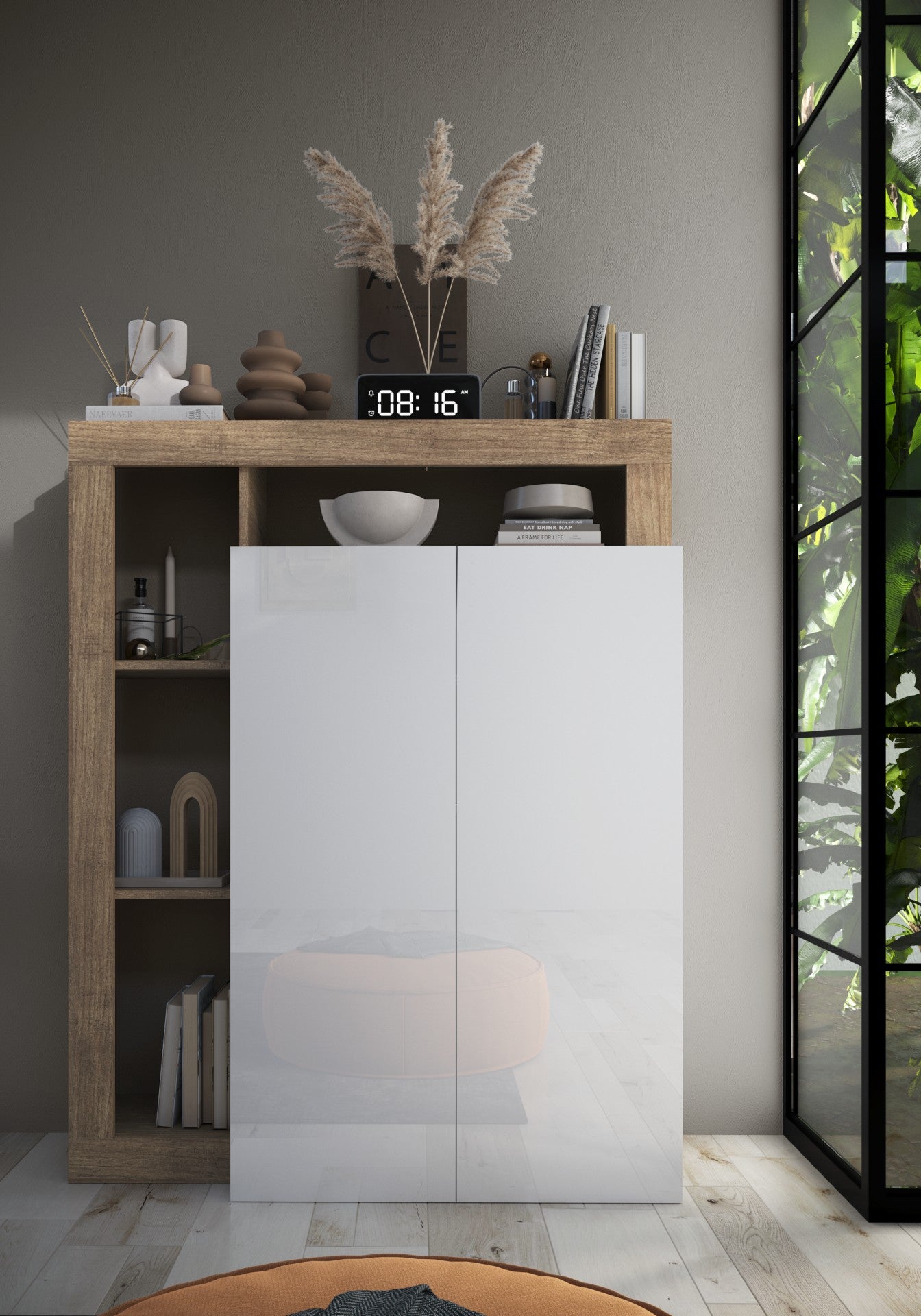 Ancona- Meuble de rangement  Haut  2 Portes coloris Chêne Kadiz façacde Blanc laqué Brillant - 4 étageres . L108xH138 cm