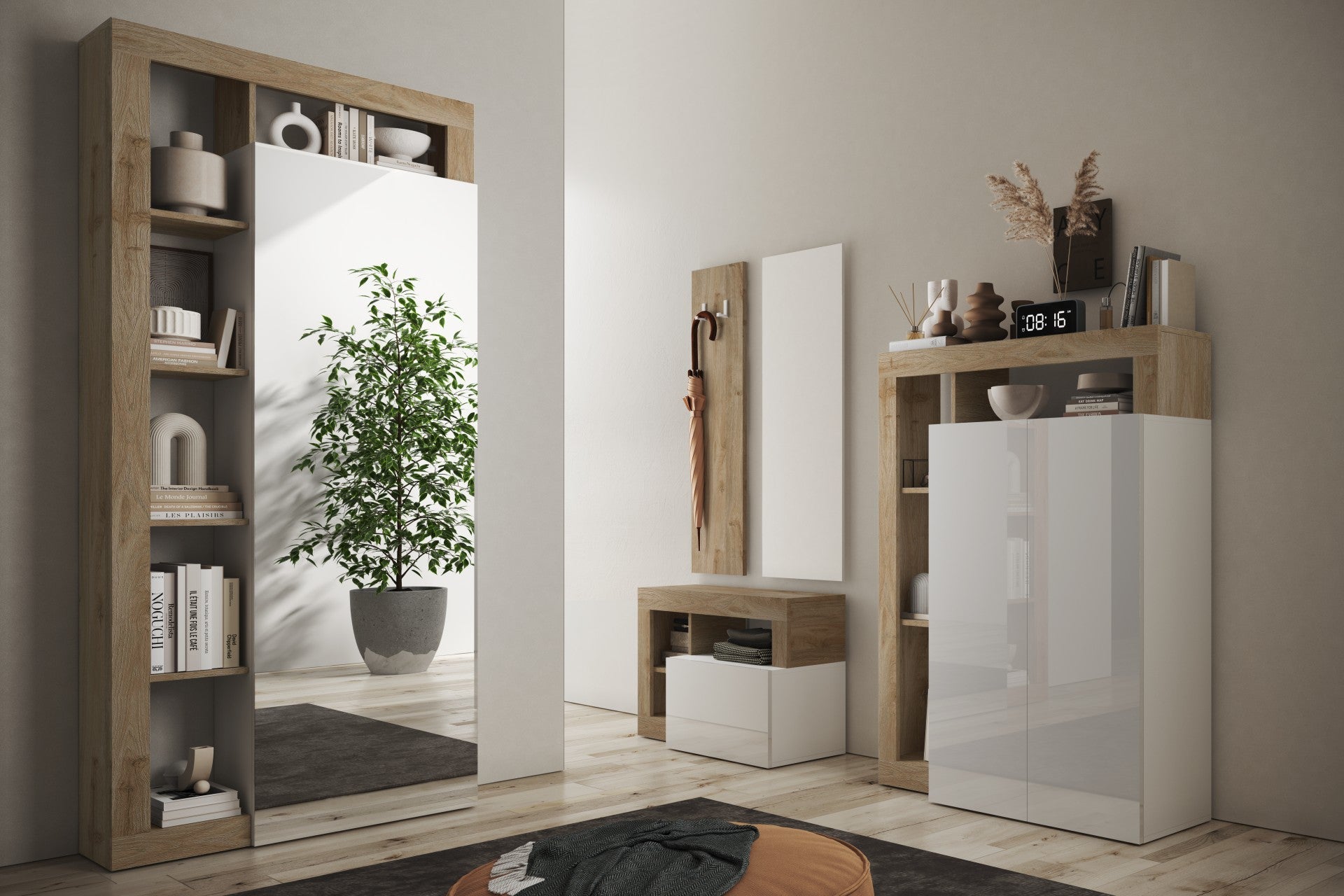 Ancona- Meuble de rangement  Haut  2 Portes coloris Chêne Kadiz façacde Blanc laqué Brillant - 4 étageres . L108xH138 cm