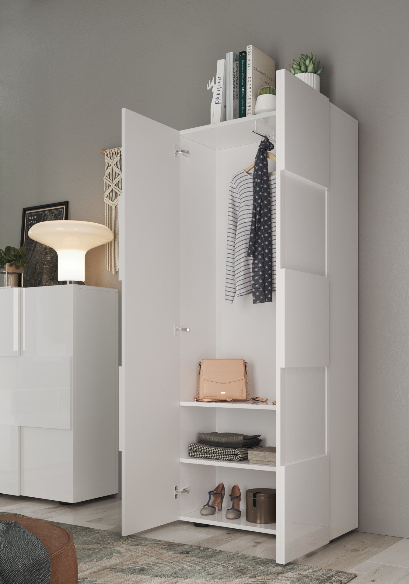 Damiano - Armoire de couloir  2 Portes coloris Laqué Blanc Brillant - Tringle à vetement + 2 étagères . L78 x H 187 cm