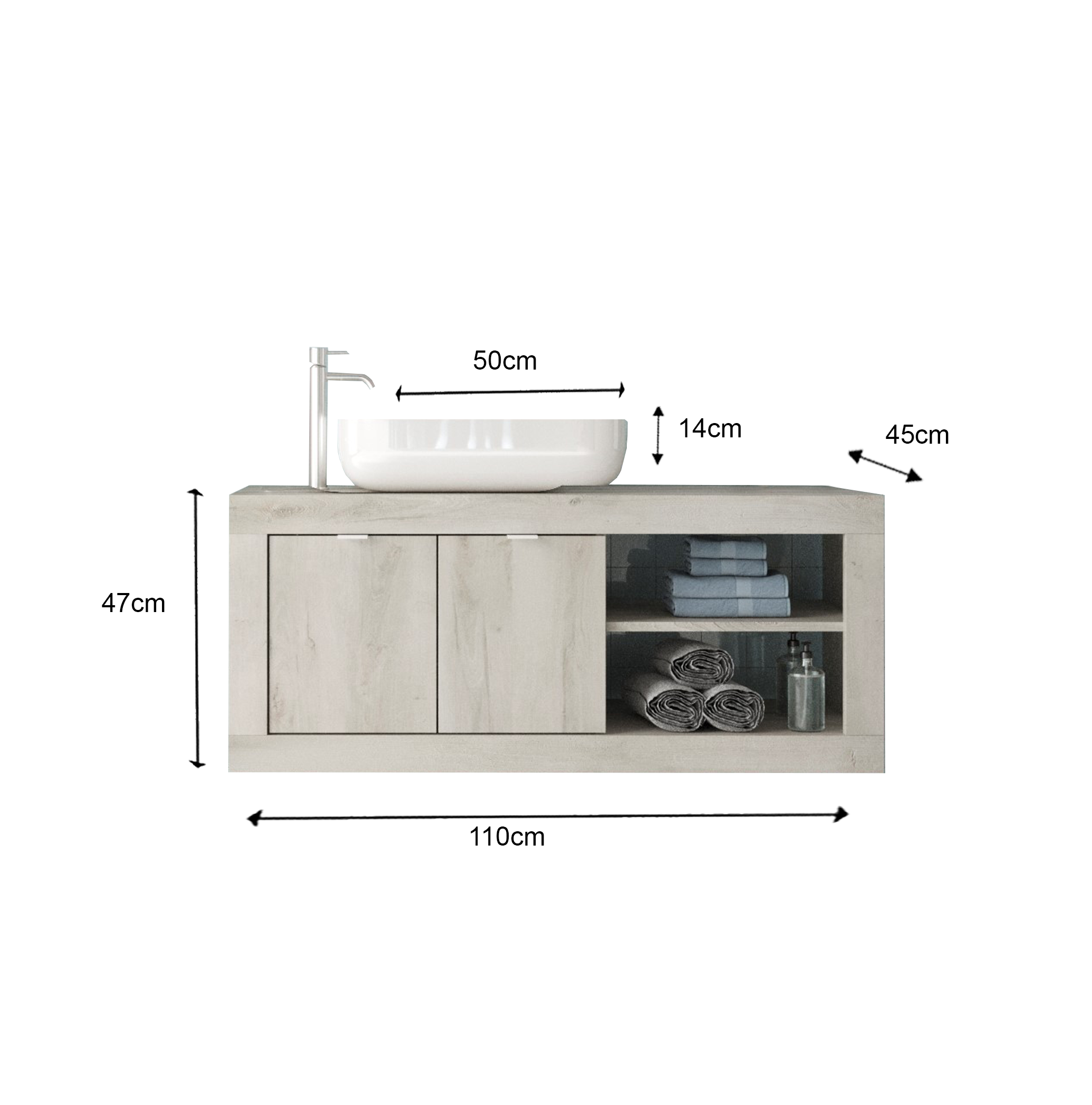 Bari  - Meuble salle de bain suspendu  coloris Pin Blanc - 2 Portes + 2 niches +  vasque à poser - Largeur 110 cm