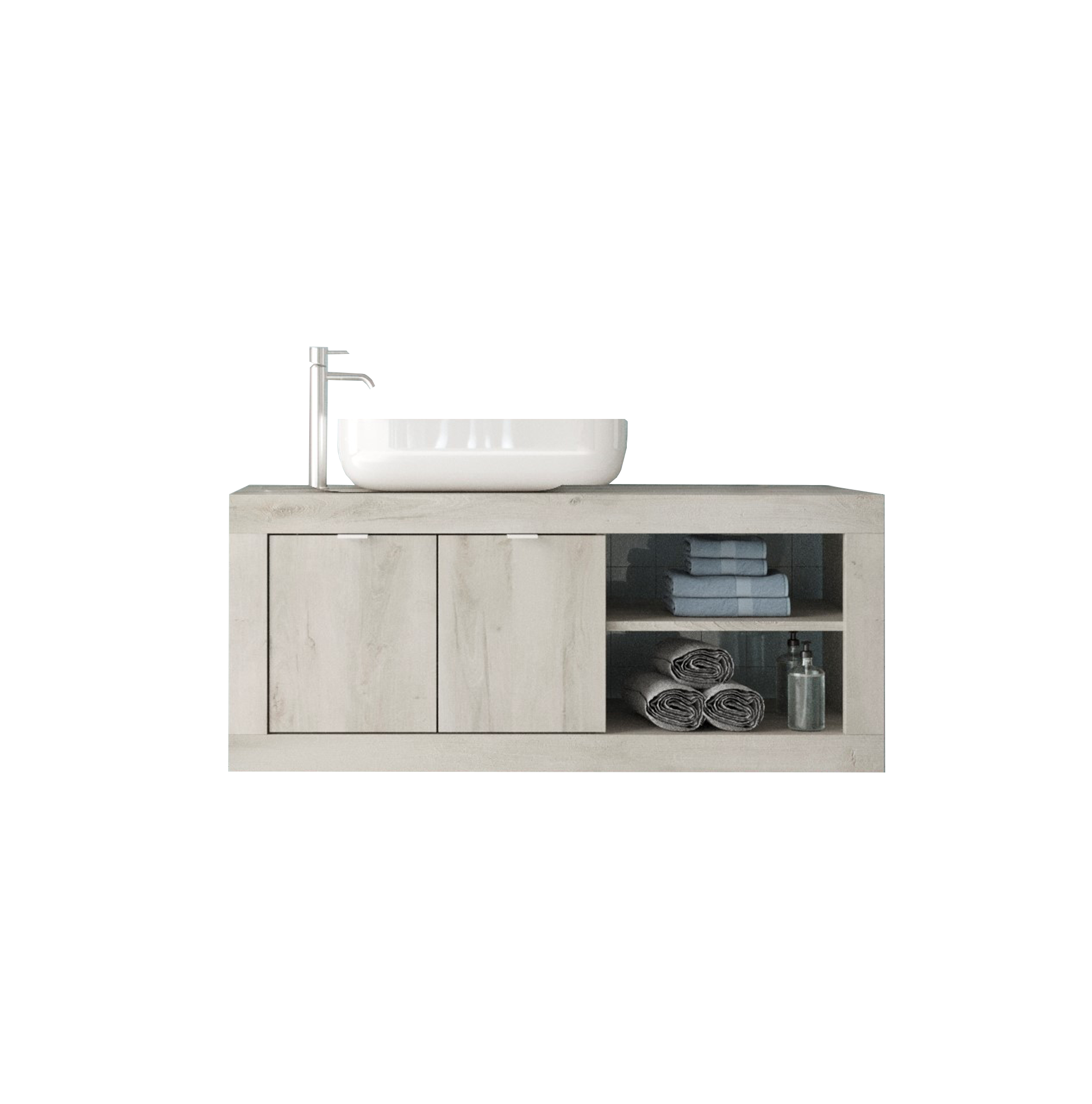 Bari  - Meuble salle de bain suspendu  coloris Pin Blanc - 2 Portes + 2 niches +  vasque à poser - Largeur 92 cm