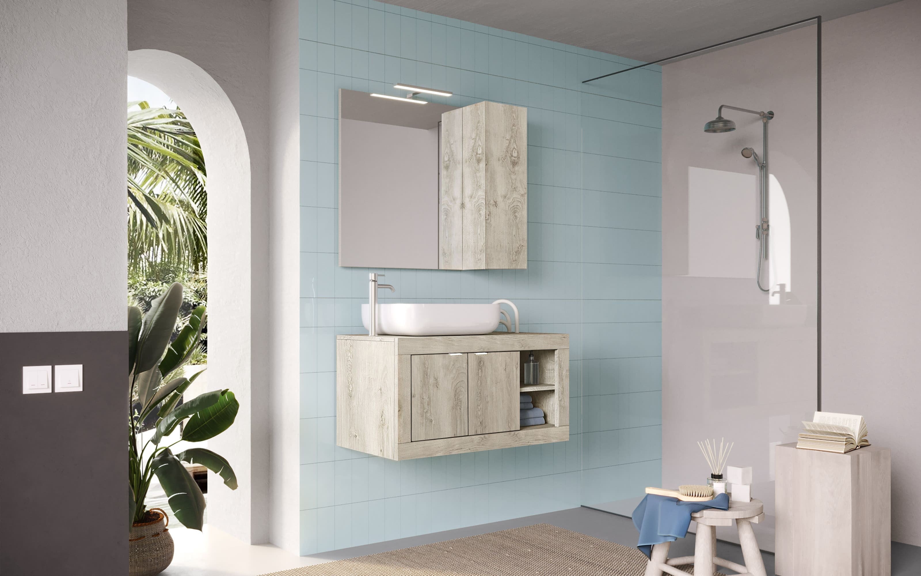 Bari  - Meuble salle de bain suspendu  coloris Pin Blanc - 2 Portes + 2 niches +  vasque à poser - Largeur 92 cm