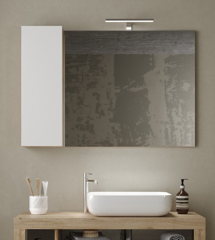 Ancona - Miroir Led avec Colonne Integrée 1 Porte H30 cm  coloris  Chêne kadiz & laqué brillant - Dimension L110 cm