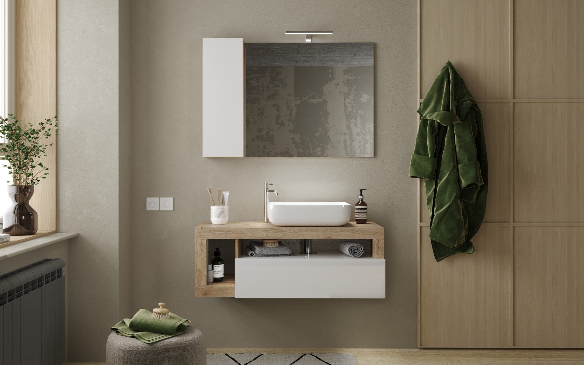 Ancona - Miroir Led avec Colonne Integrée 1 Porte H30 cm  coloris  Chêne kadiz & laqué brillant - Dimension L110 cm