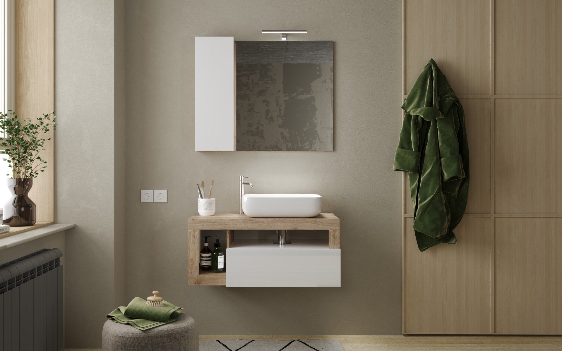 Ancona - Miroir Led avec Colonne Integrée 1 Porte H30 cm  coloris  Chêne kadiz & laqué brillant - Dimension L78 cm