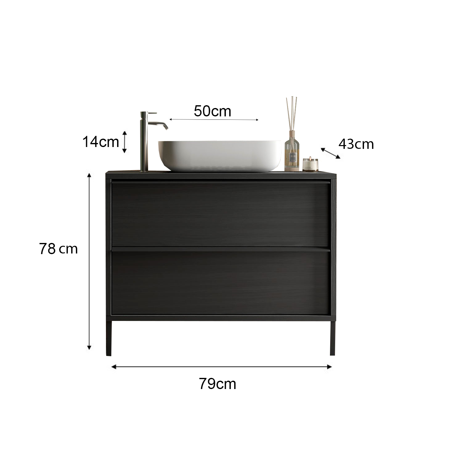 Syracuse - Meuble salle de bain sur pieds coloris Frêne Noir -  2 tiroirs + vasque à poser en céramique - Largeur 79 cm