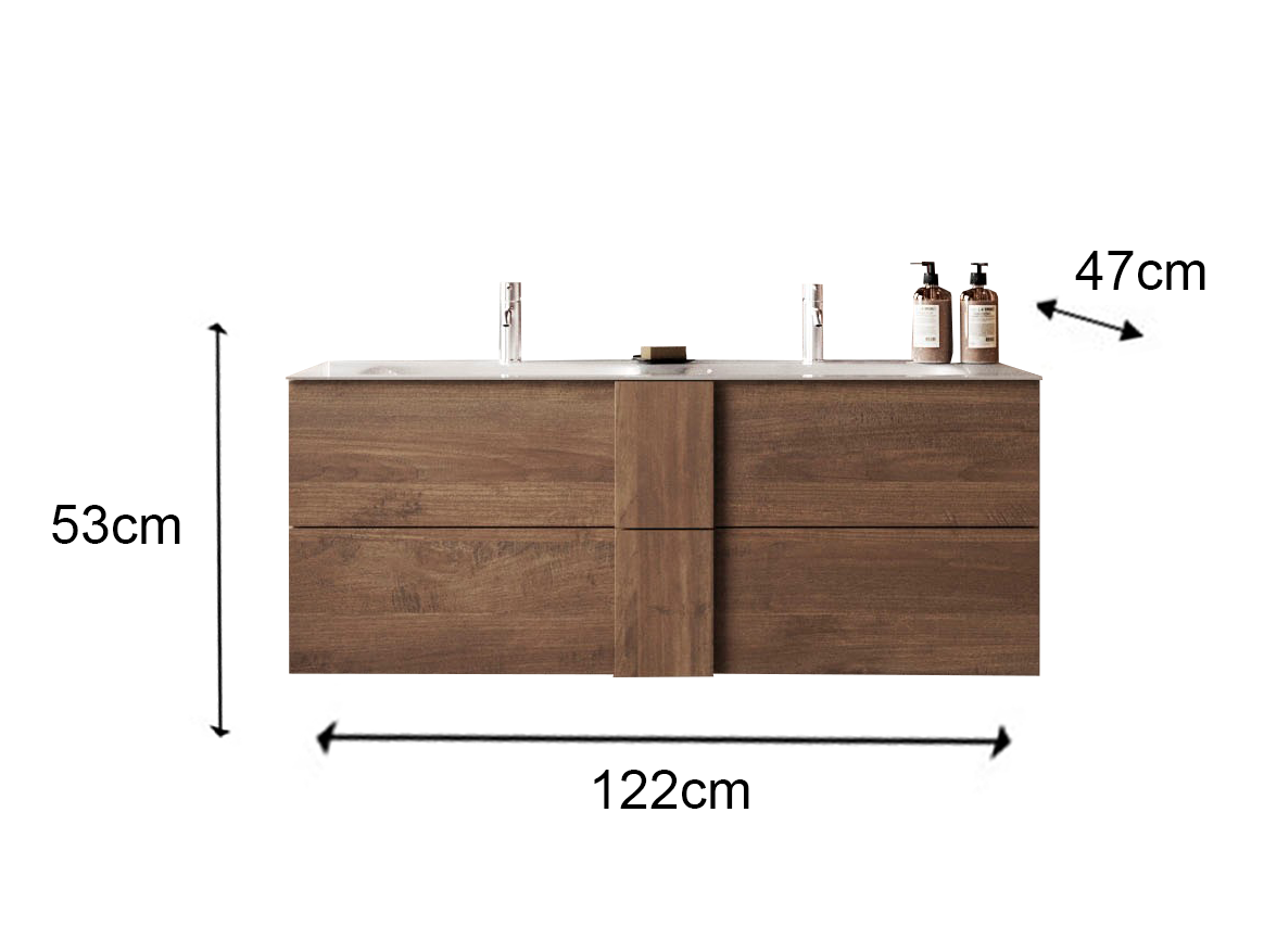 Jessie - Meuble salle de bain suspendu coloris Chêne Mercure  - 2 tiroirs + double vasque integrée en céramique- Largeur 120 cm