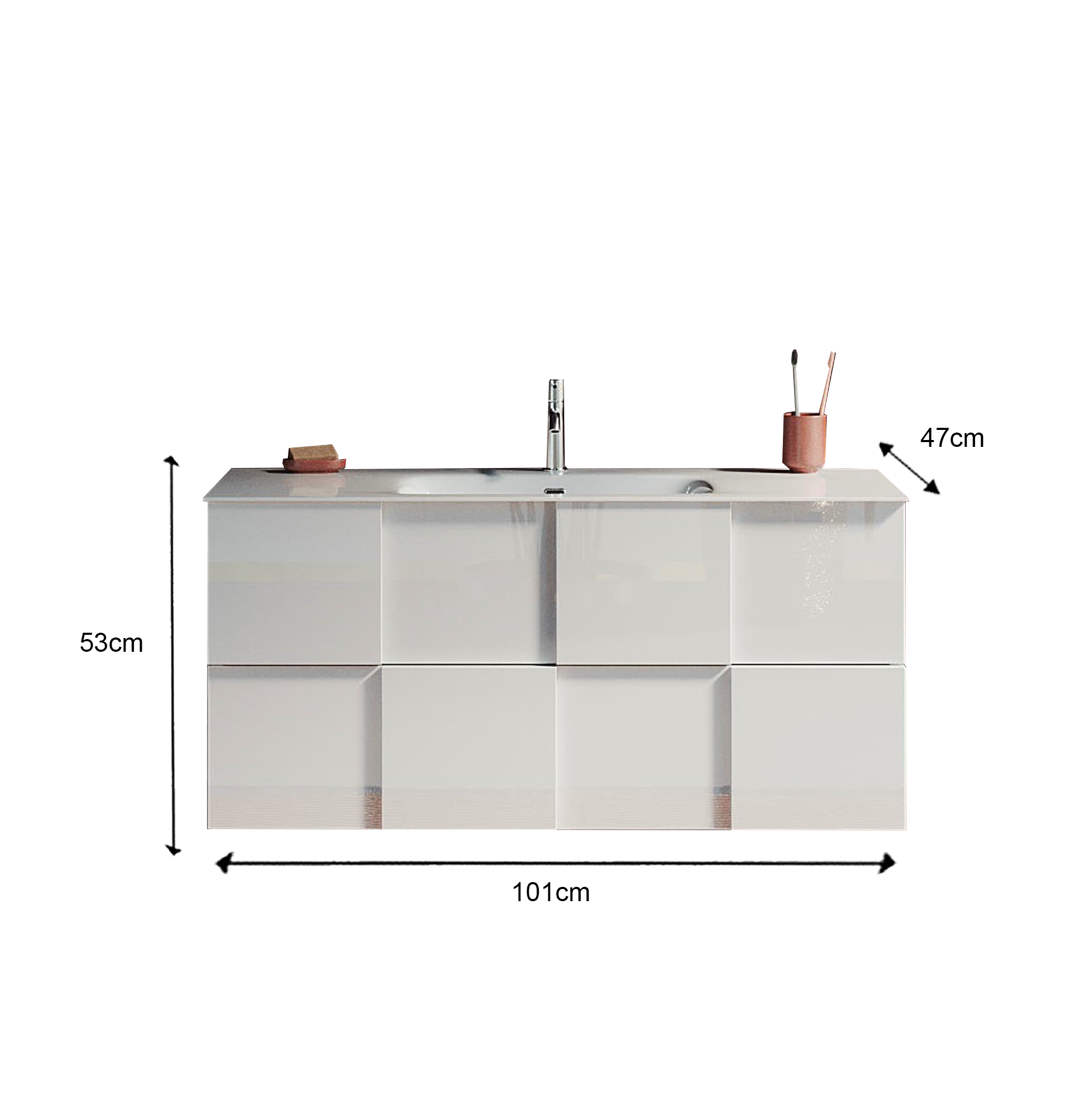 Damiano - Meuble salle de bain suspendu coloris laqué brillant blanc - 2 tiroirs + vasque integrée en céramique- Largeur 100 cm