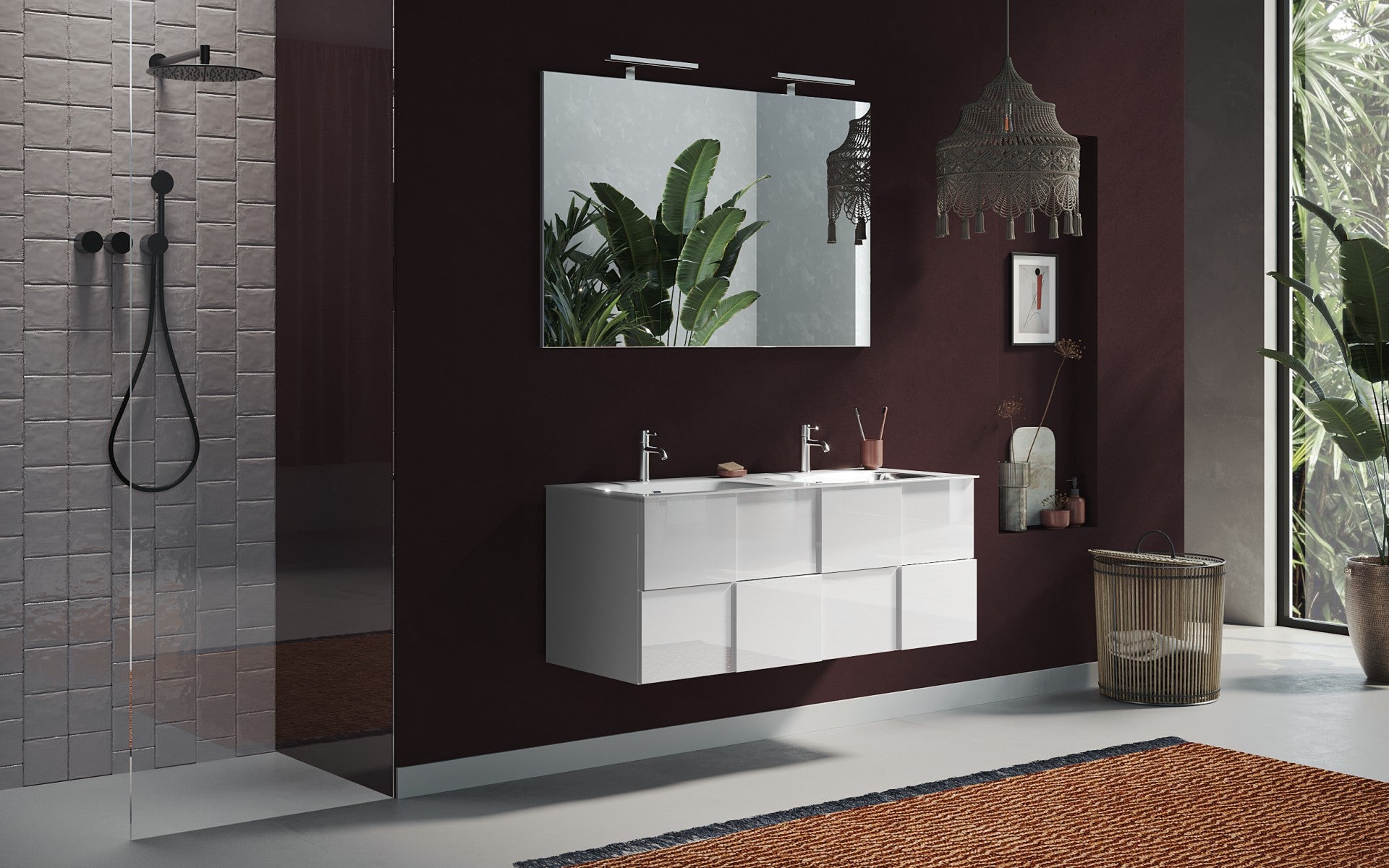 Damiano - Meuble salle de bain suspendu coloris laqué brillant blanc - 2 tiroirs + double vasque integrée en céramique- Largeur 120 cm