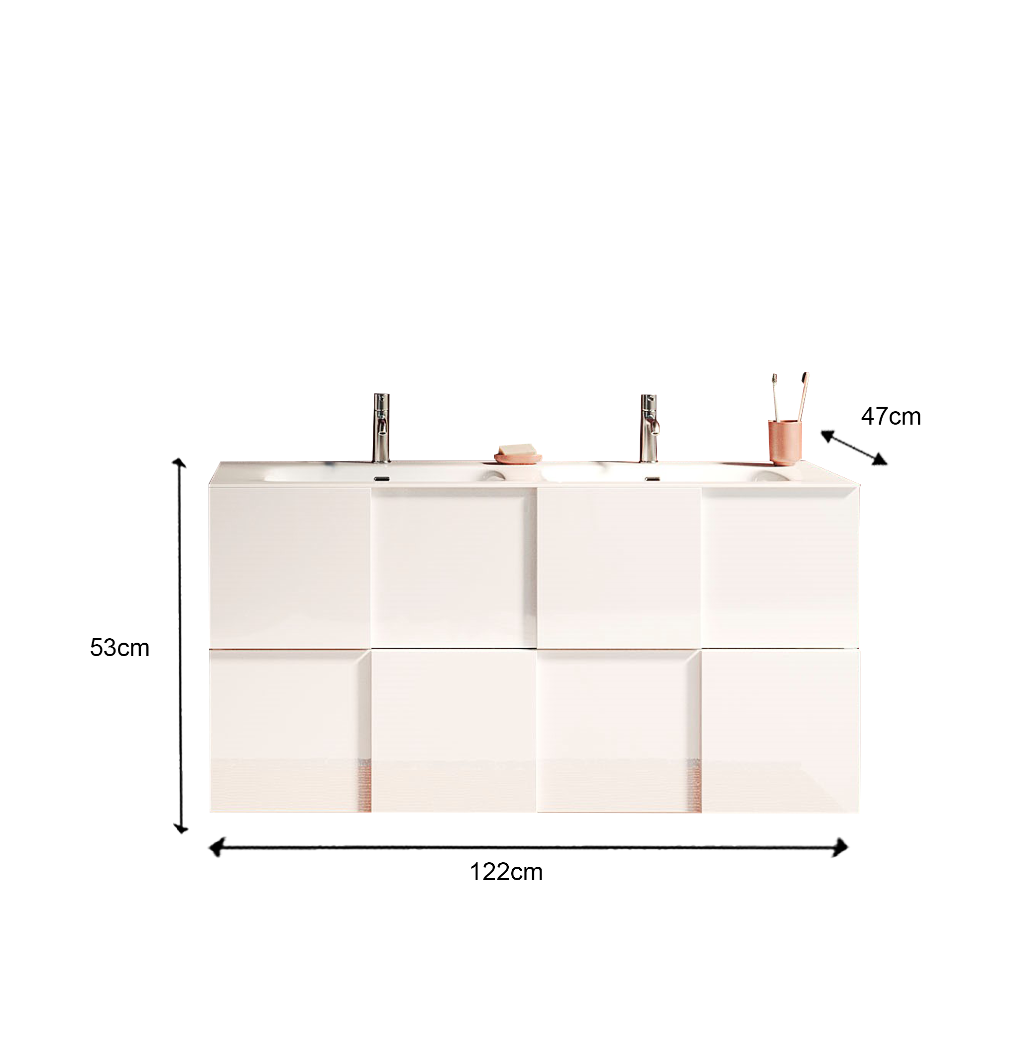 Damiano - Meuble salle de bain suspendu coloris laqué brillant blanc - 2 tiroirs + double vasque integrée en céramique- Largeur 120 cm