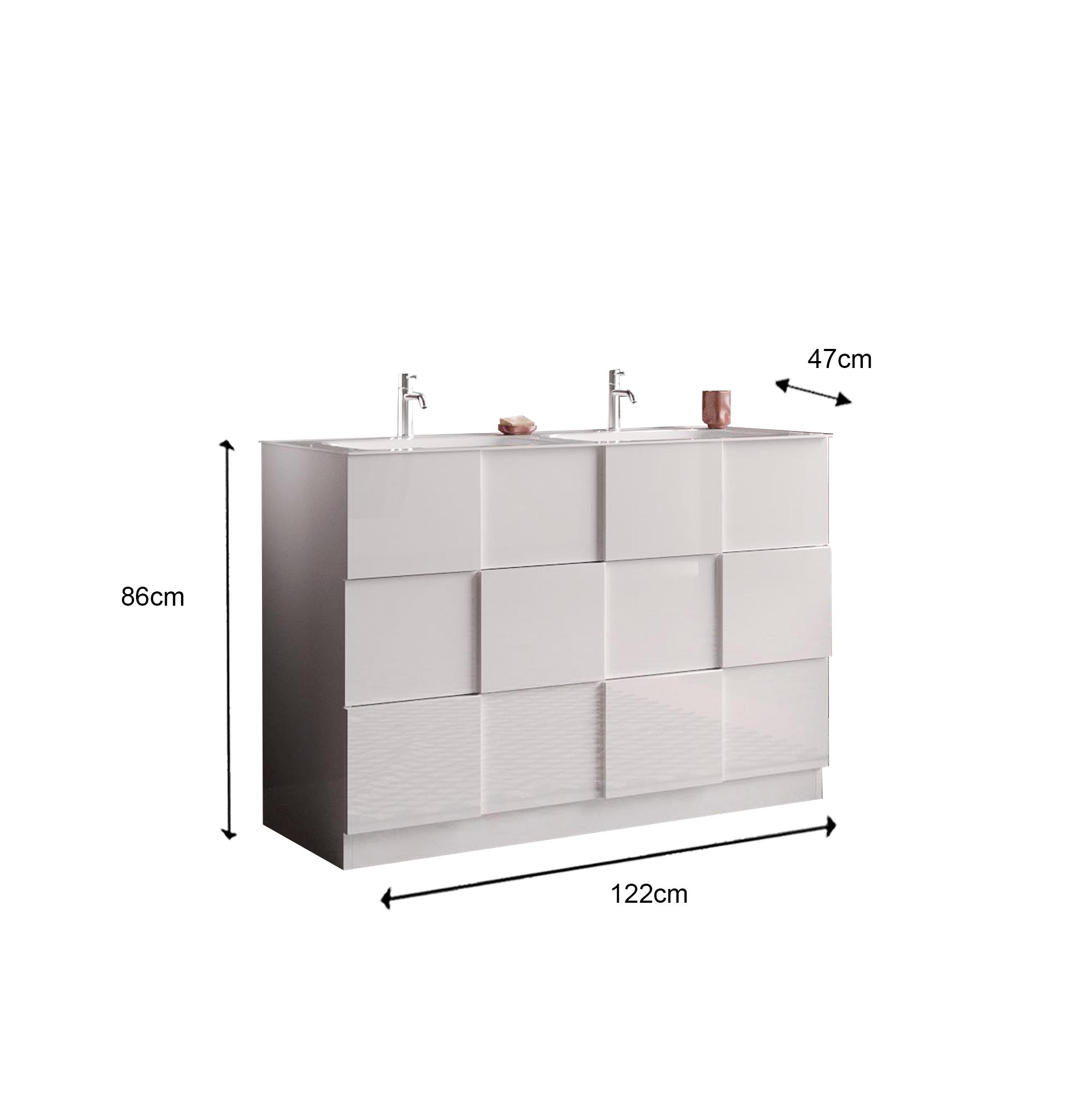 Damiano - Meuble salle de bain sur pieds coloris laqué brillant blanc -  3 tiroirs + double vasque integrée en céramique- Largeur 120 cm