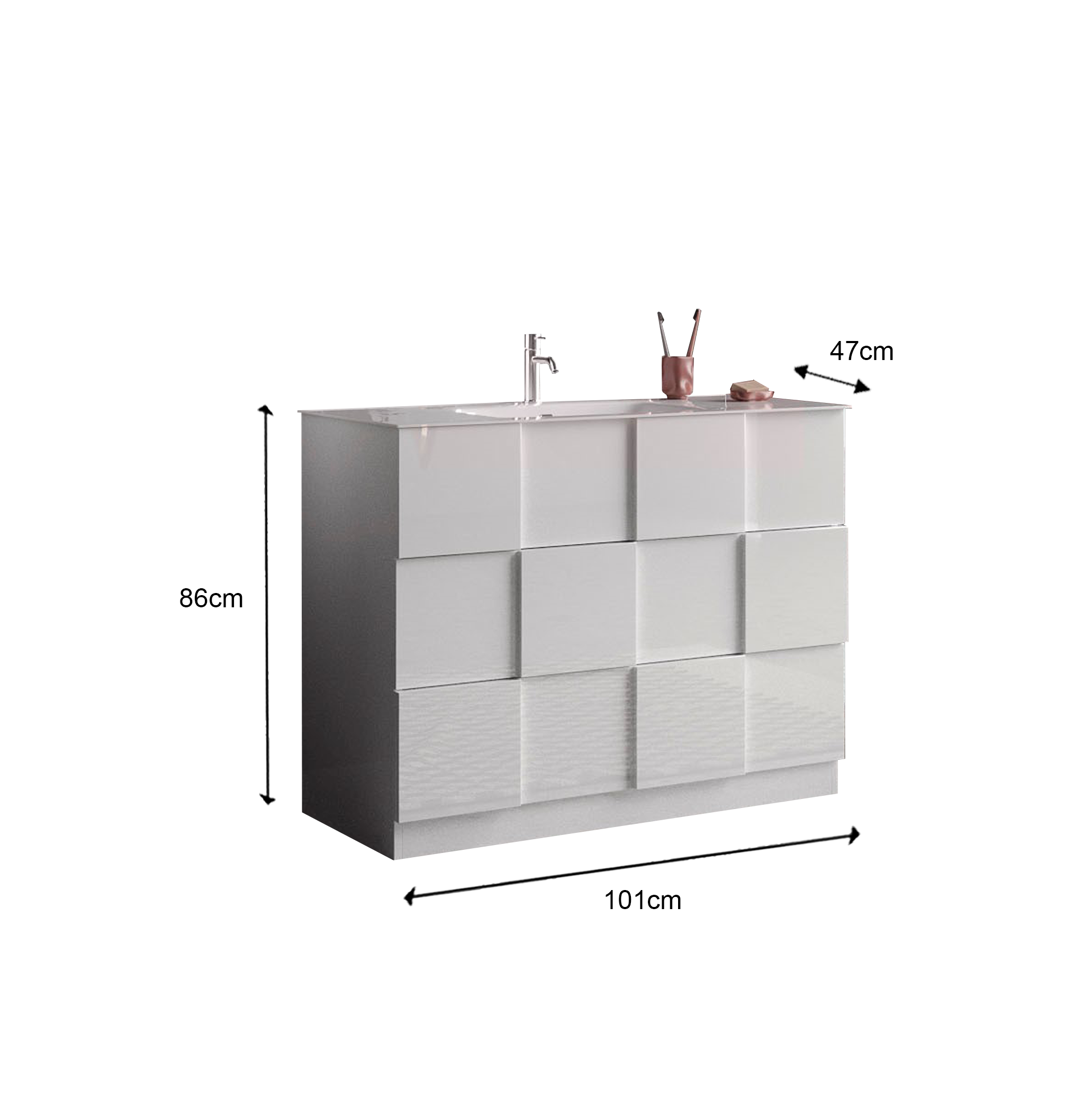 Damiano - Meuble salle de bain sur pieds coloris laqué brillant blanc -  3 tiroirs + vasque integrée en céramique- Largeur 100 cm