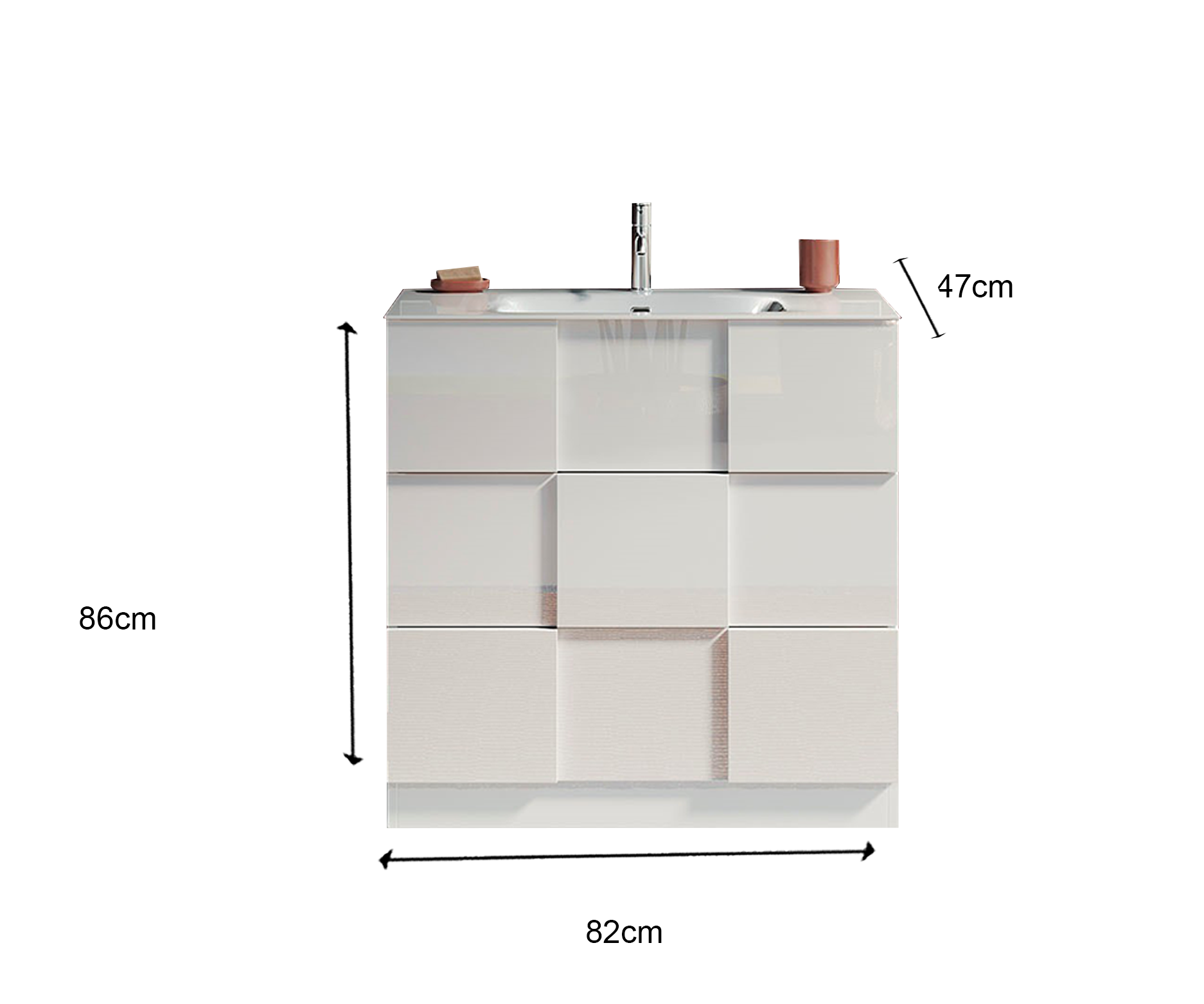 Damiano - Meuble salle de bain sur pieds coloris laqué brillant blanc -  3 tiroirs + vasque integrée en céramique- Largeur 80 cm