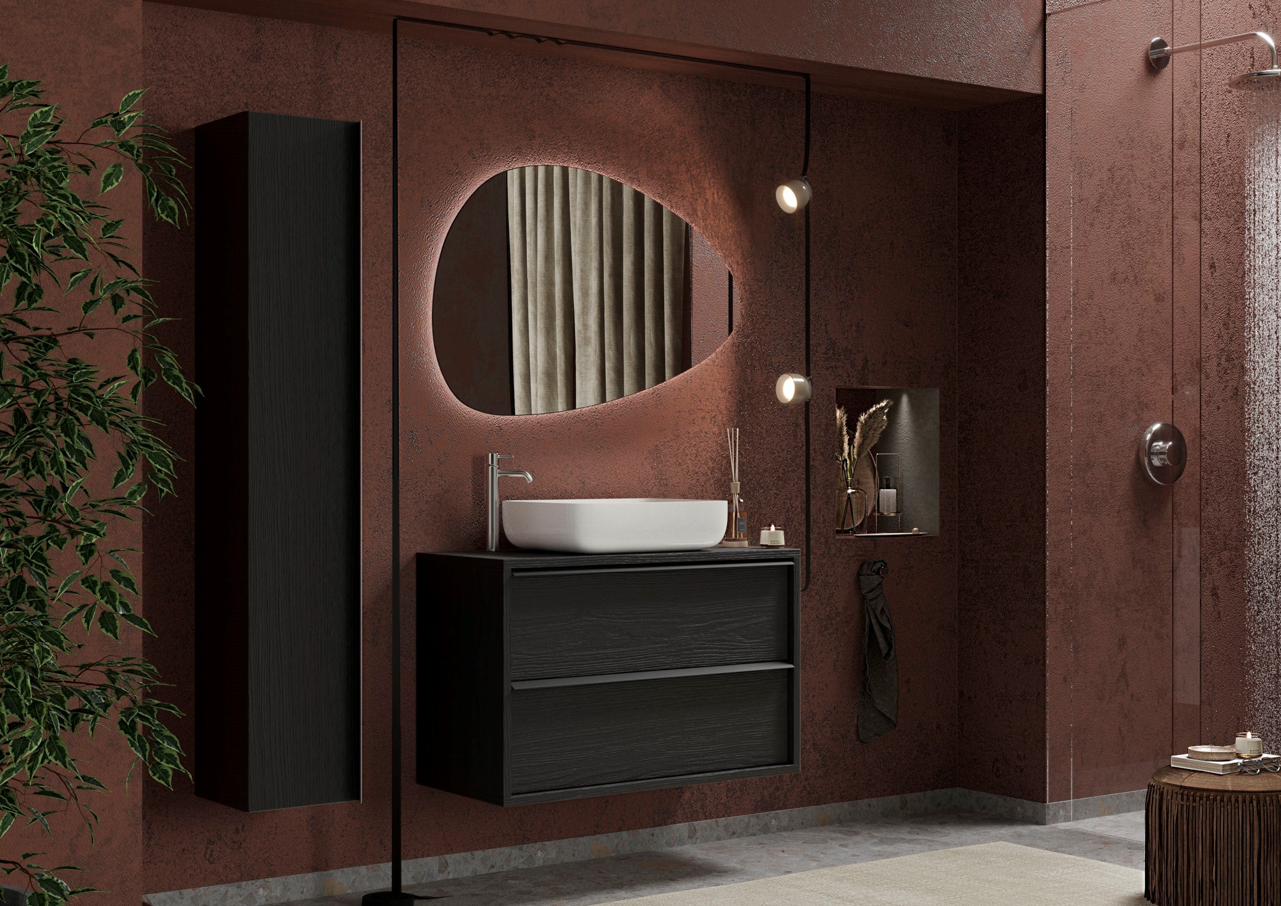 Syracuse - Meuble salle de bain suspendu coloris Frêne Noir -  2 tiroirs + vasque à poser en céramique - Largeur 110 cm