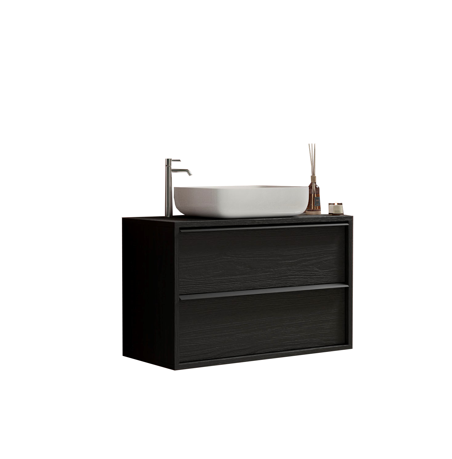 Syracuse - Meuble salle de bain suspendu coloris Frêne Noir -  2 tiroirs + vasque à poser en céramique- Largeur 92 cm