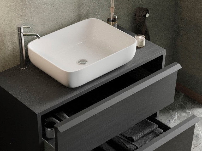 Syracuse - Meuble salle de bain suspendu coloris Frêne Noir -  2 tiroirs + vasque à poser en céramique- Largeur 92 cm