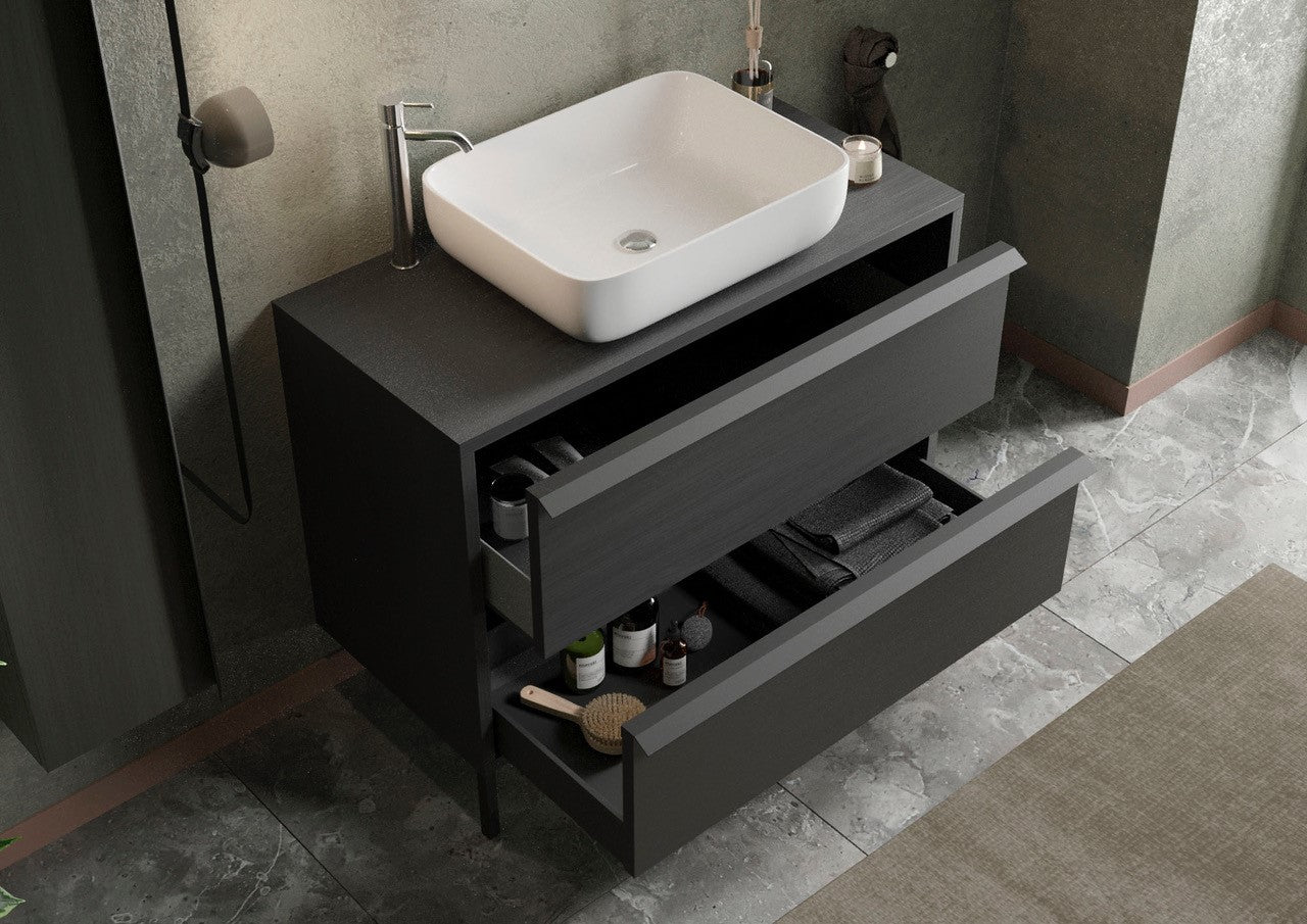 Syracuse - Meuble salle de bain sur pieds coloris Frêne Noir -  2 tiroirs + vasque à poser en céramique - Largeur 92 cm