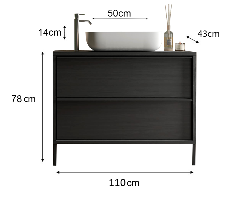 Syracuse - Meuble salle de bain sur pieds coloris Frêne Noir  -  2 tiroirs + vasque à poser en céramique - Largeur 110 cm