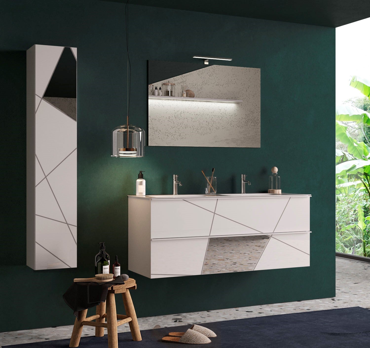 Villarica- Meuble salle de bain suspendu coloris laqué brillant blanc serigraphie Miroir   - 2 tiroirs + double vasque integrée en céramique- Largeur 120 cm