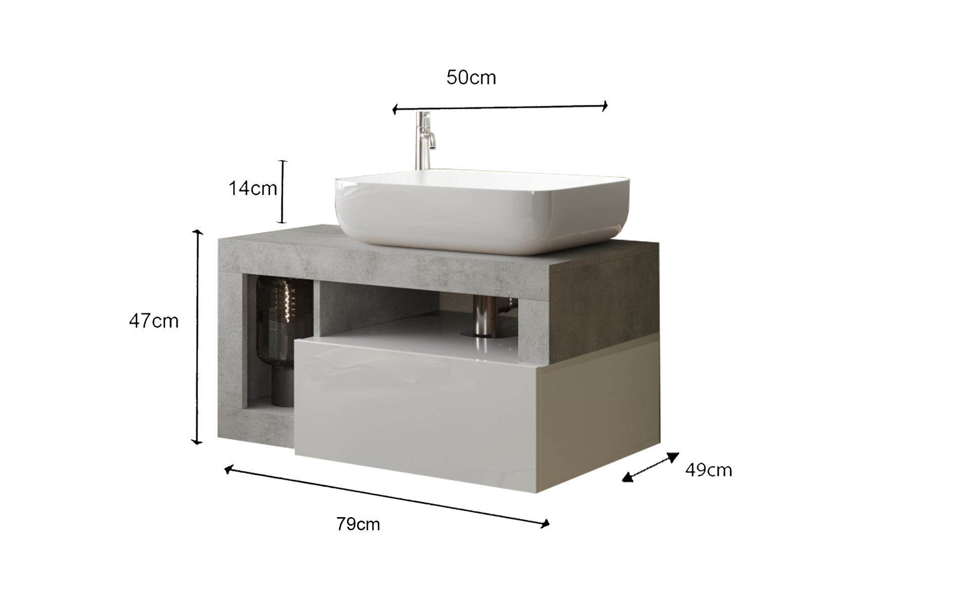 Ancona -Meuble salle de bain suspendu colorisBéton & laqué brillant - 1 Tiroir + 2 niches +  vasque à poser - Largeur 78 cm