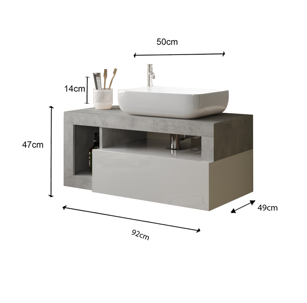 Ancona -Meuble salle de bain suspendu coloris Béton & laqué brillant  - 1 Tiroir + 2 niches +  vasque à poser - Largeur 92 cm