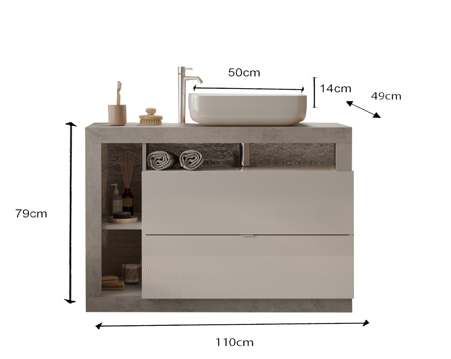 Ancona - Meuble salle de bain sur pieds  coloris Béton & laqué brillant - 2 Tiroirs + 3 niches +  vasque à poser - Largeur 110 cm