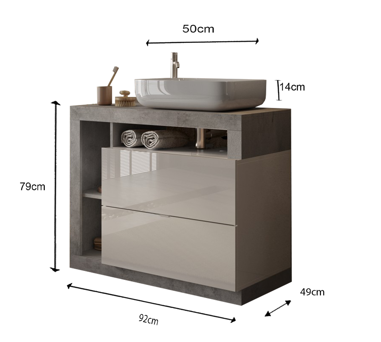 Ancona - Meuble salle de bain sur pieds  coloris Béton & laqué brillant  - 2 Tiroirs + 3 niches +  vasque à poser - Largeur 92 cm