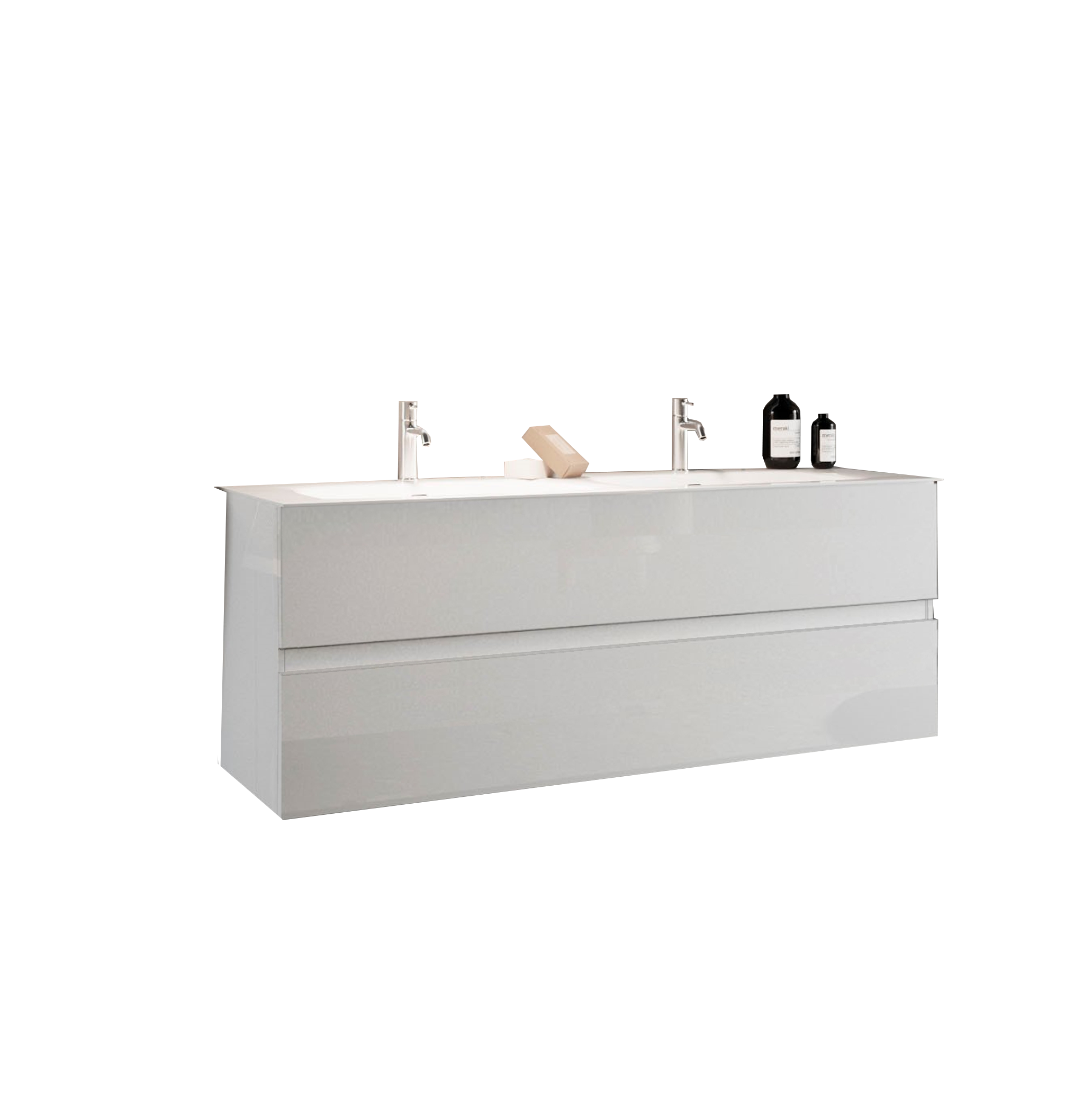 Sienna - Meuble salle de bain suspendu coloris laqué brillant blanc - 2 tiroirs + double vasque integrée en céramique- Largeur 120 cm