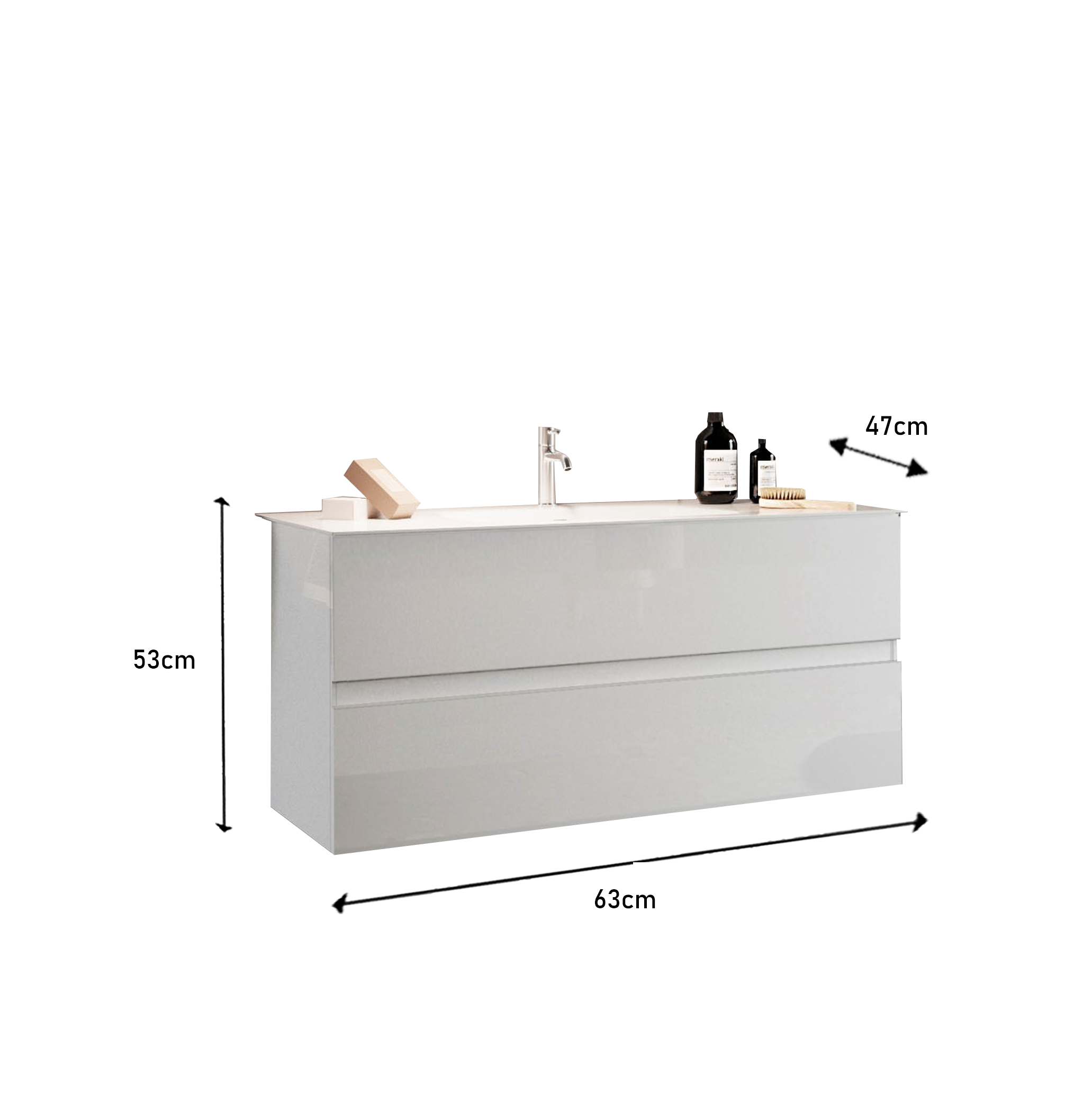 Sienna - Meuble salle de bain suspendu coloris laqué brillant blanc - 2 tiroirs + vasque integrée en céramique- Largeur 60 cm