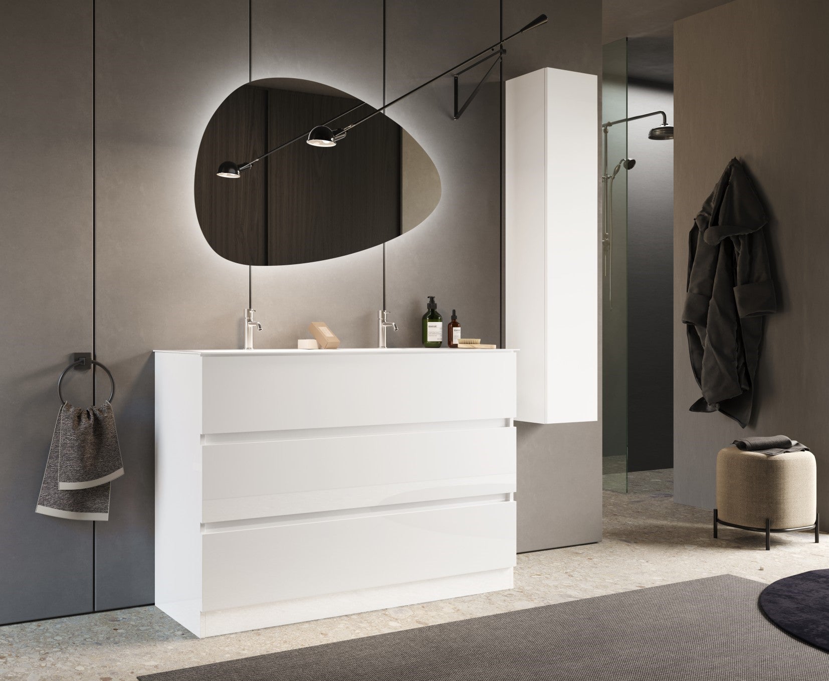 Sienna - Meuble salle de bain sur pieds coloris laqué brillant blanc -  3 tiroirs + double vasque integrée en céramique- Largeur 120 cm