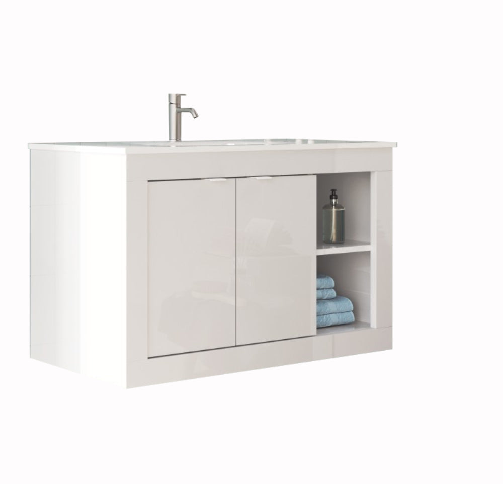 Bari 2,0 - Meuble salle de bain suspendu  coloris Blanc laqué Brillant  - 2 Portes + 2 niches +  vasque integrée - Largeur 100 cm