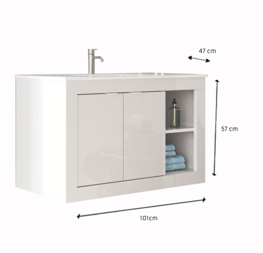 Bari 2,0 - Meuble salle de bain suspendu  coloris Blanc laqué Brillant  - 2 Portes + 2 niches +  vasque integrée - Largeur 100 cm