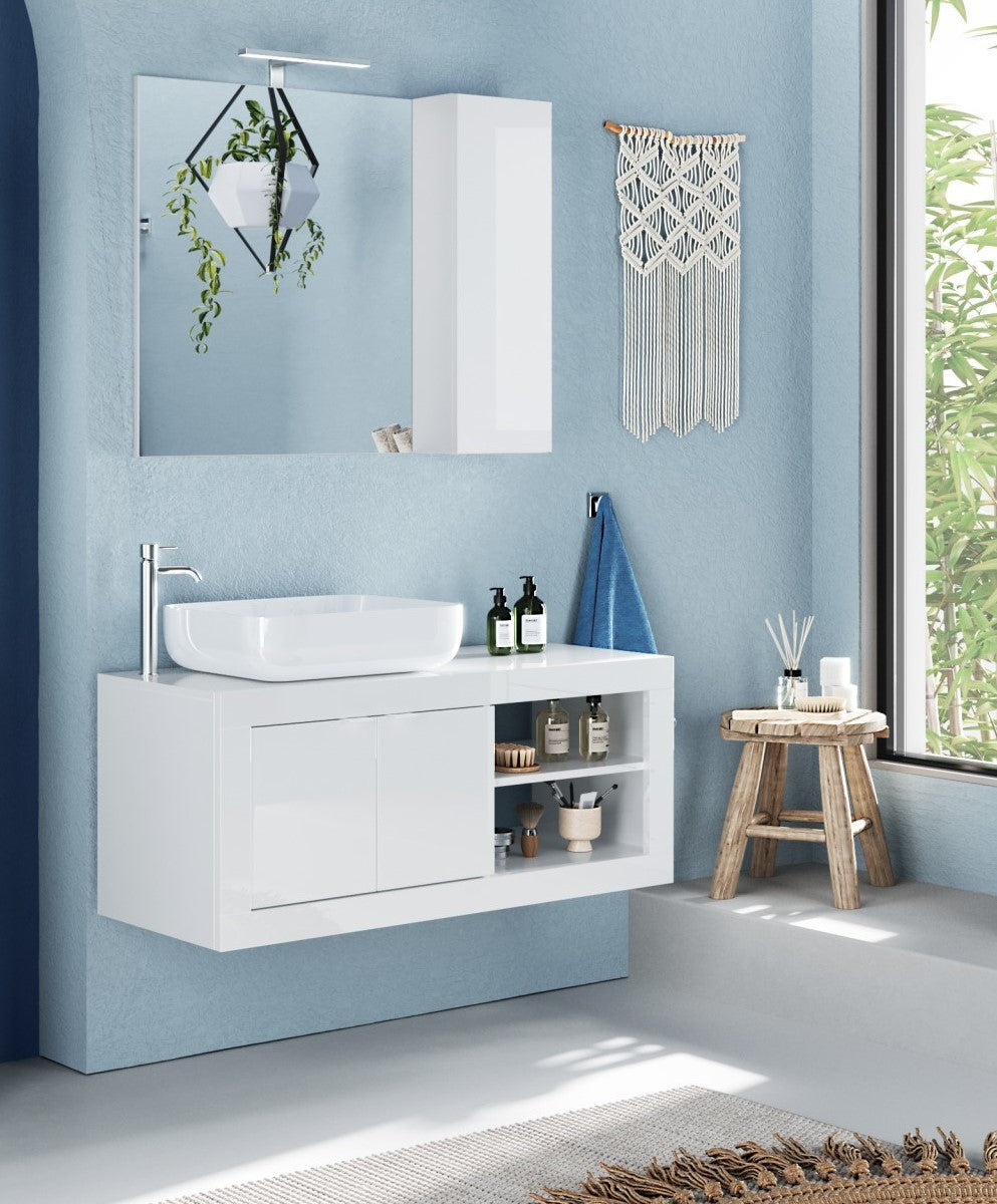 Bari  - Meuble salle de bain suspendu  coloris Blanc laqué Brillant  - 2 Portes + 2 niches +  vasque à poser - Largeur 92 cm