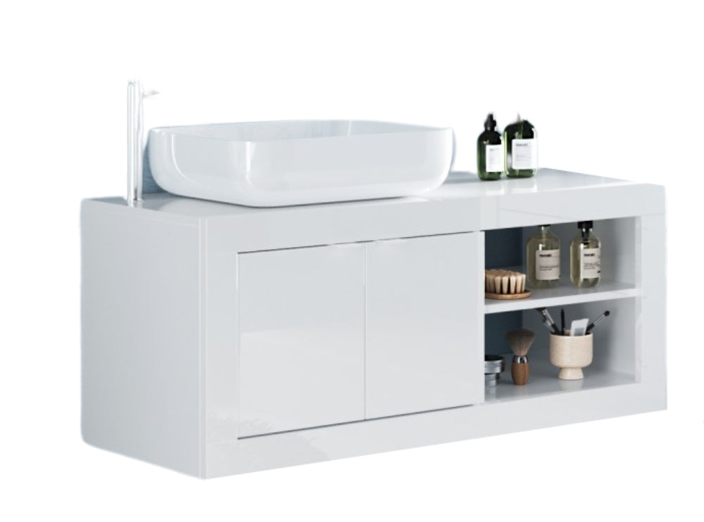 Bari  - Meuble salle de bain suspendu  coloris Blanc laqué Brillant  - 2 Portes + 2 niches +  vasque à poser - Largeur 92 cm