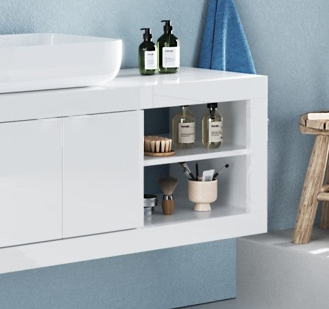 Bari  - Meuble salle de bain suspendu  coloris Blanc laqué Brillant  - 2 Portes + 2 niches +  vasque à poser - Largeur 92 cm