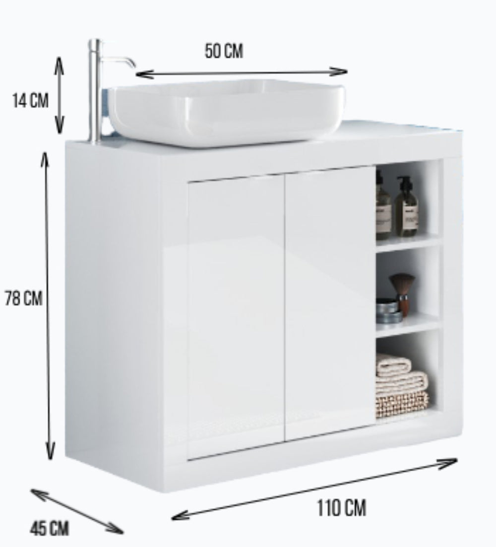 Bari  - Meuble salle de bain sur pieds  coloris Blanc laqué Brillant  - 2 Portes + 3 niches +  vasque à poser - Largeur 110 cm