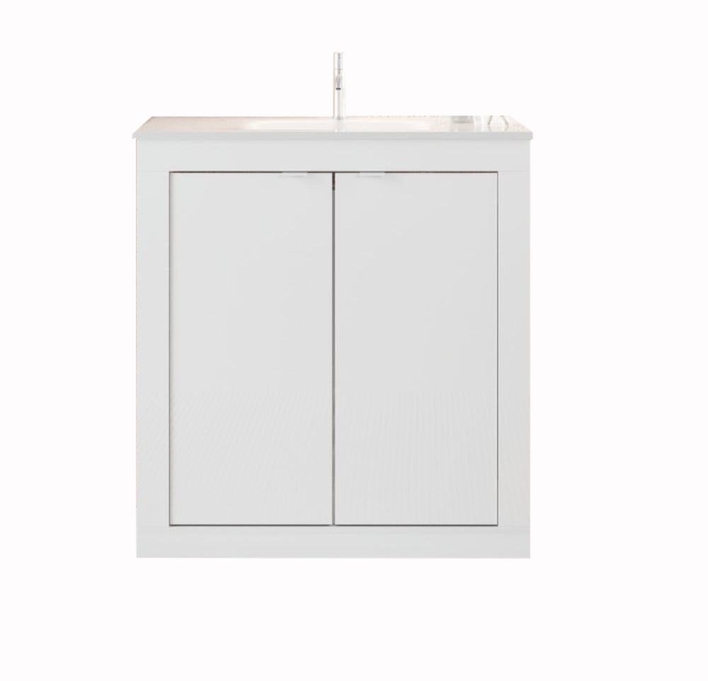 Bari 2,0 - Meuble salle de bain sur pieds  coloris Blanc laqué Brillant  - 2 Portes + 3 niches +  vasque integrée - Largeur 80 cm