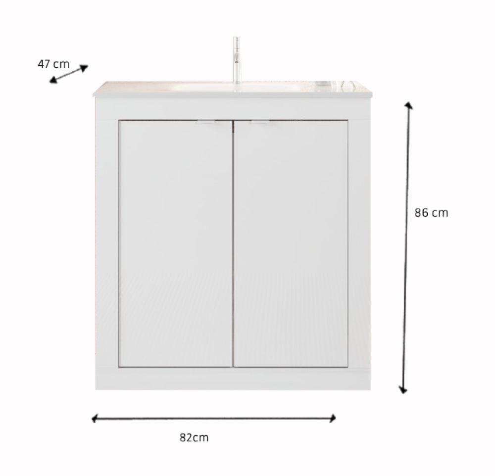 Bari 2,0 - Meuble salle de bain sur pieds  coloris Blanc laqué Brillant  - 2 Portes + 3 niches +  vasque integrée - Largeur 80 cm