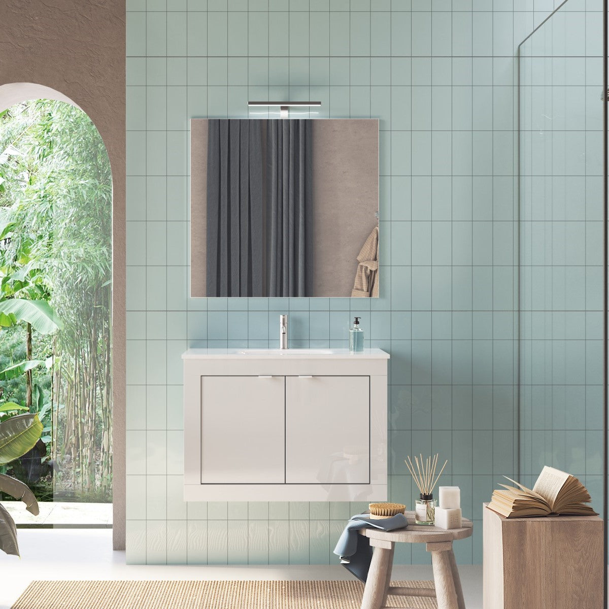 Bari 2,0 - Meuble salle de bain suspendu  coloris Blanc laqué Brillant  - 2 Portes + 2 niches +  vasque integrée - Largeur 80 cm