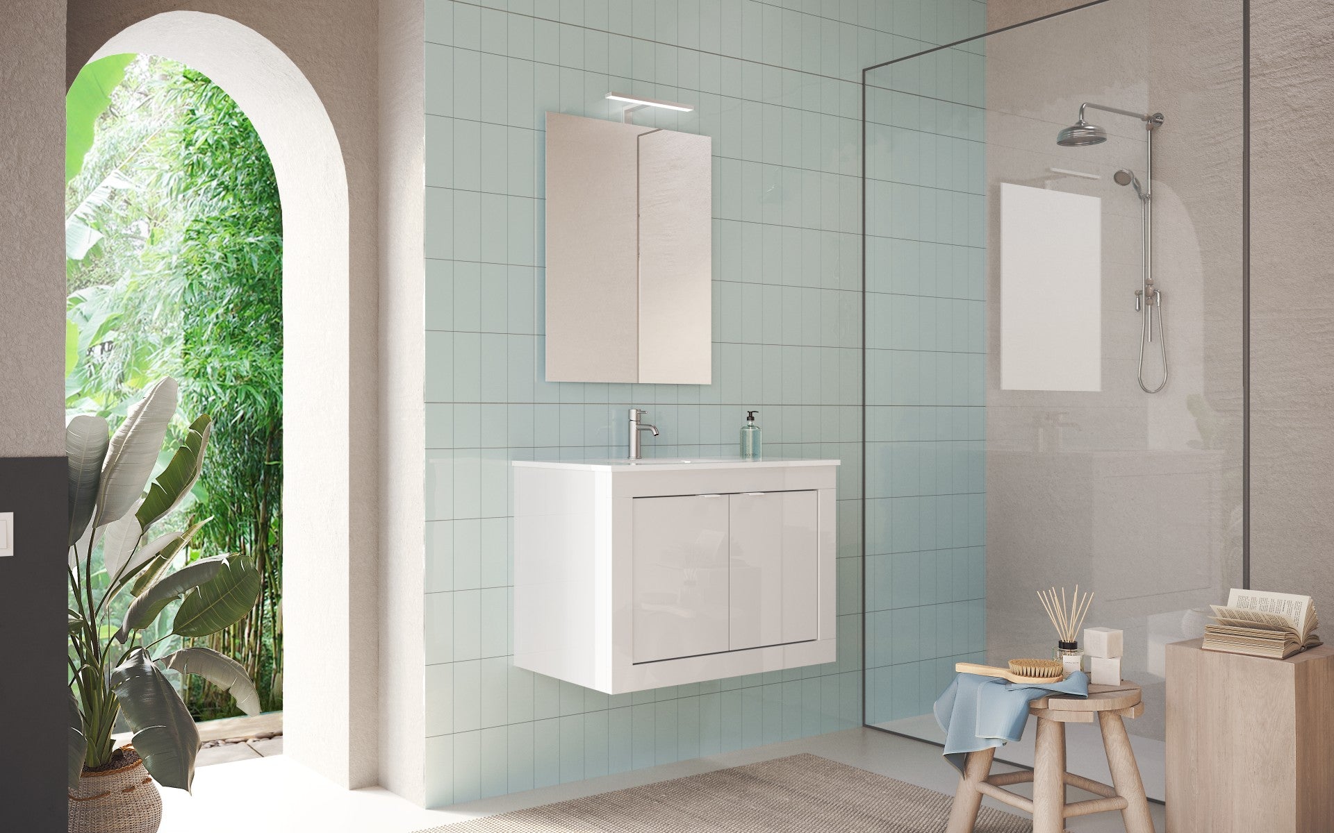 Bari 2,0 - Meuble salle de bain suspendu  coloris Blanc laqué Brillant  - 2 Portes + 2 niches +  vasque integrée - Largeur 80 cm