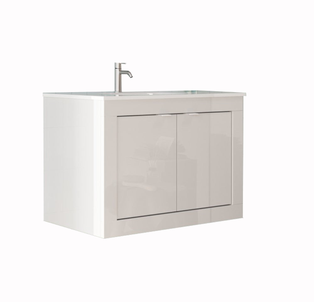 Bari 2,0 - Meuble salle de bain suspendu  coloris Blanc laqué Brillant  - 2 Portes + 2 niches +  vasque integrée - Largeur 80 cm