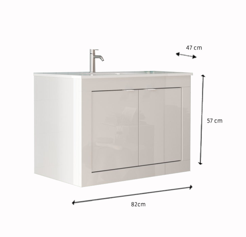 Bari 2,0 - Meuble salle de bain suspendu  coloris Blanc laqué Brillant  - 2 Portes + 2 niches +  vasque integrée - Largeur 80 cm