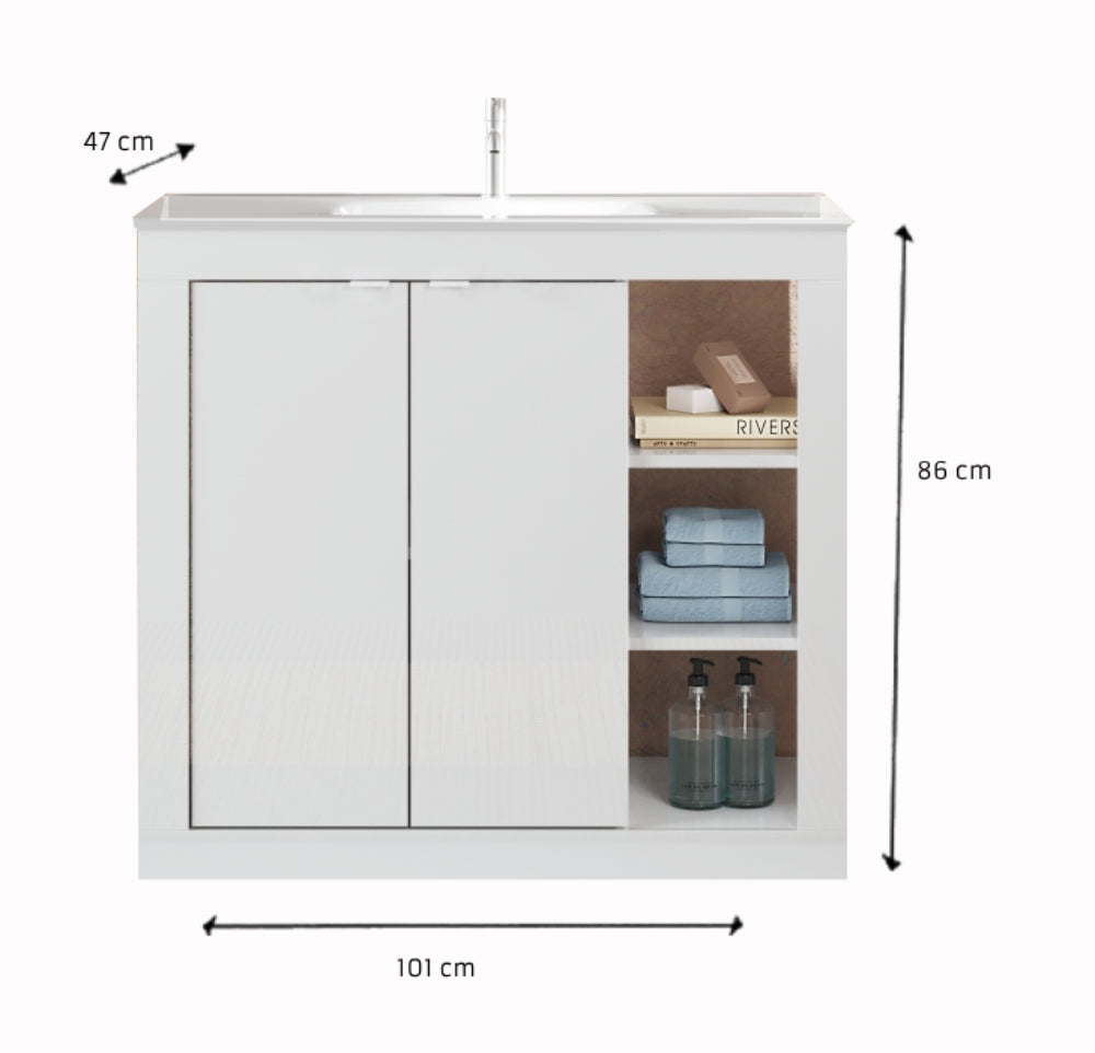 Bari 2,0 - Meuble salle de bain sur pieds  coloris Blanc laqué Brillant  - 2 Portes + 3 niches +  vasque integrée - Largeur 100 cm