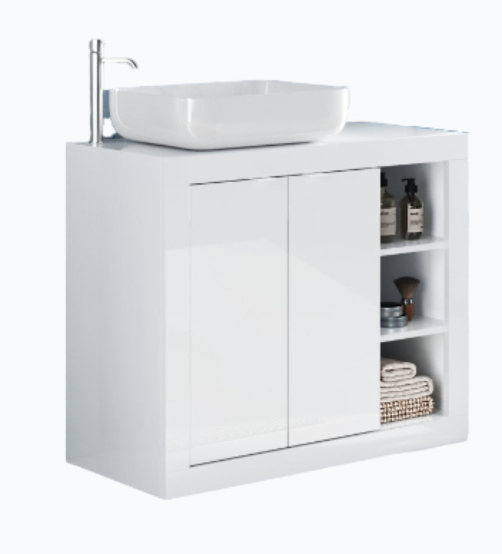 Bari  - Meuble salle de bain sur pieds  coloris Blanc laqué Brillant  - 2 Portes + 3 niches +  vasque à poser - Largeur 92 cm