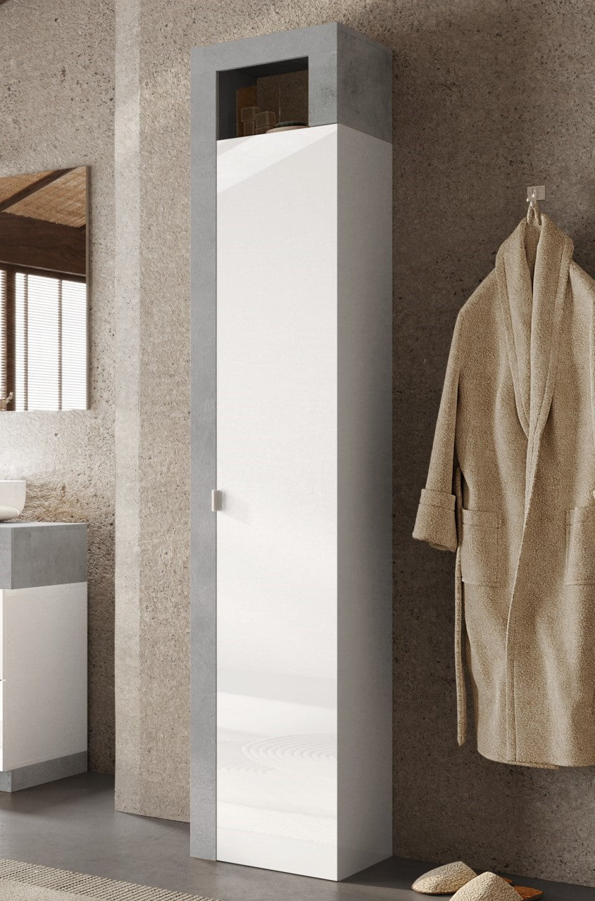 Ancona- Colonne de rangement salle de bain  1 Porte + 5 étagères coloris effet béton façade blanc laqué brillant. L35xH188 cm