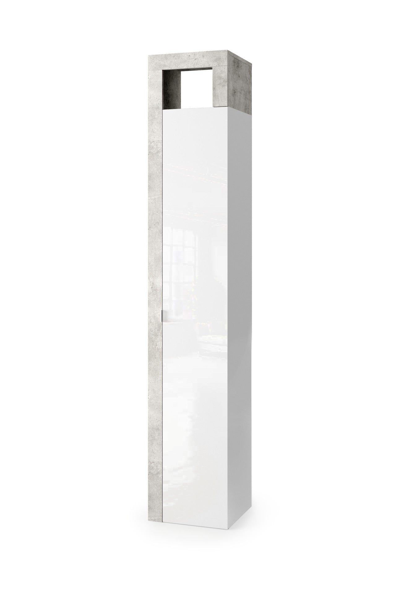 Ancona- Colonne de rangement salle de bain  1 Porte + 5 étagères coloris effet béton façade blanc laqué brillant. L35xH188 cm
