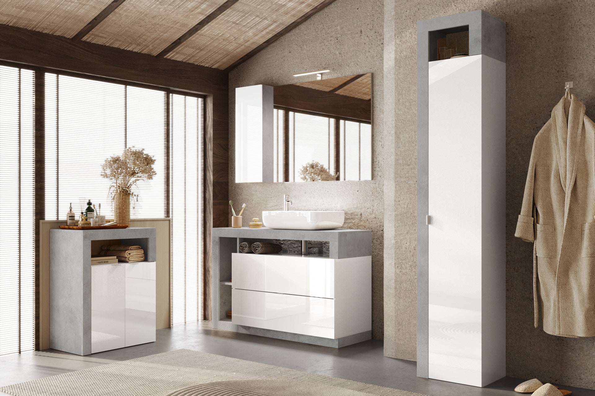 Ancona- Colonne de rangement salle de bain  1 Porte + 5 étagères coloris effet béton façade blanc laqué brillant. L35xH188 cm