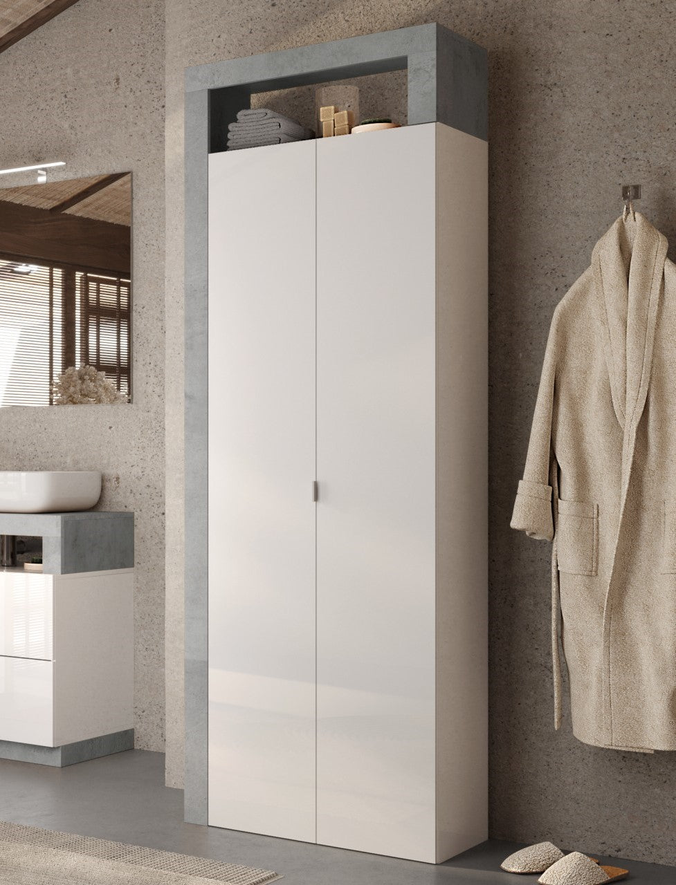 Ancona- Armoire de rangement salle de bain 2 Portes + 5 étagères coloris effet béton façade blanc laqué brillant . L65xH188 cm